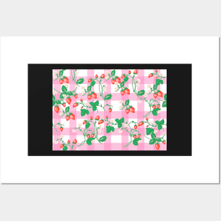 Cottagecore Strawberry Patch on Pink Gingham Posters and Art